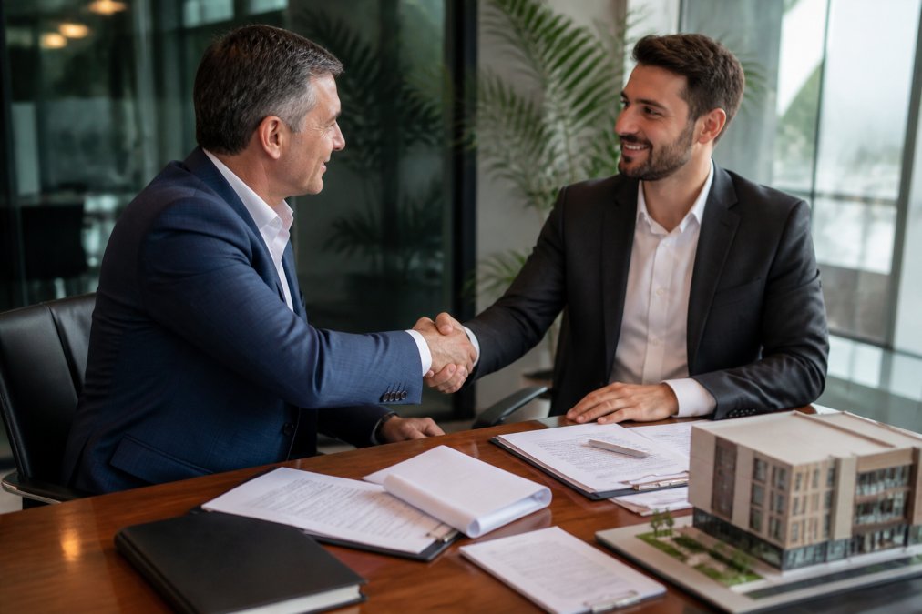 Professional shaking hands after finalizing a commercial real estate acquisition financing agreement at a desk