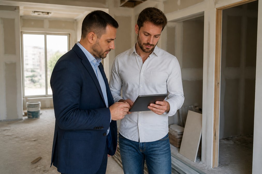 Investors reviewing renovation plans and bridge loan documents in a vacant apartment unit