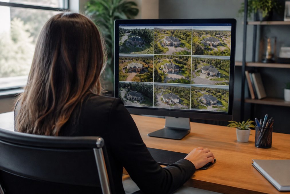 Real estate professional reviewing high-quality aerial property images on a computer monitor in an office setting, with property listings visible on screen