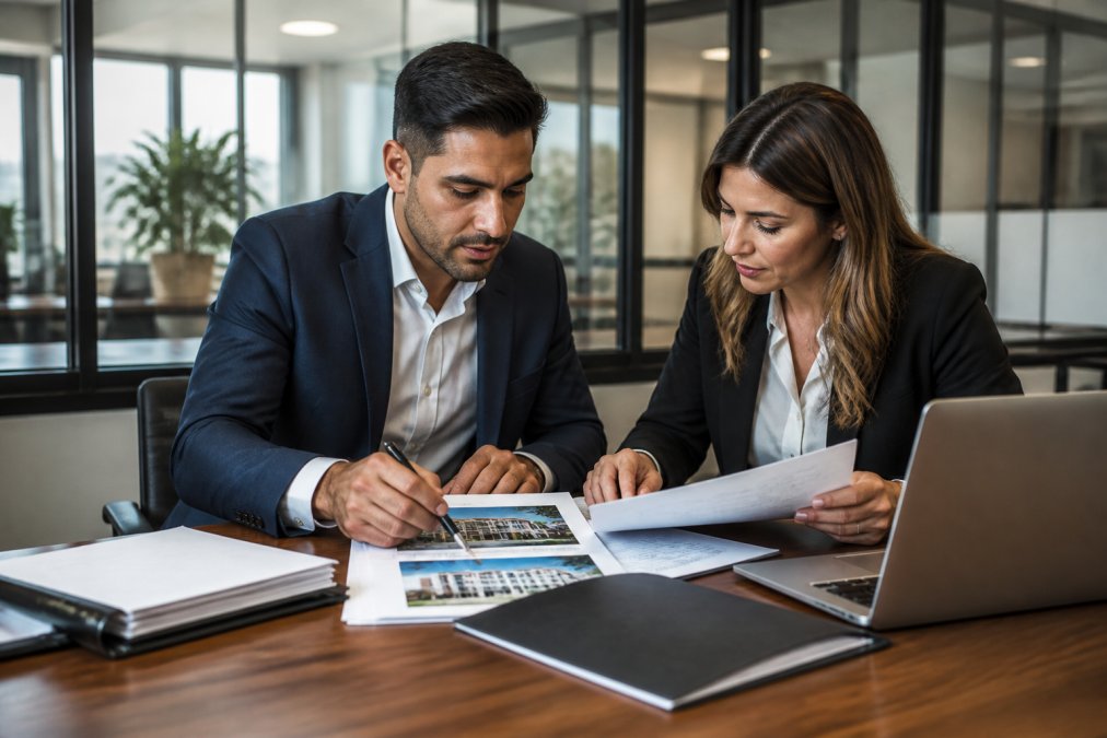 Professional reviewing a commercial real estate portfolio with property documents, financial statements, and a laptop on a modern office desk
