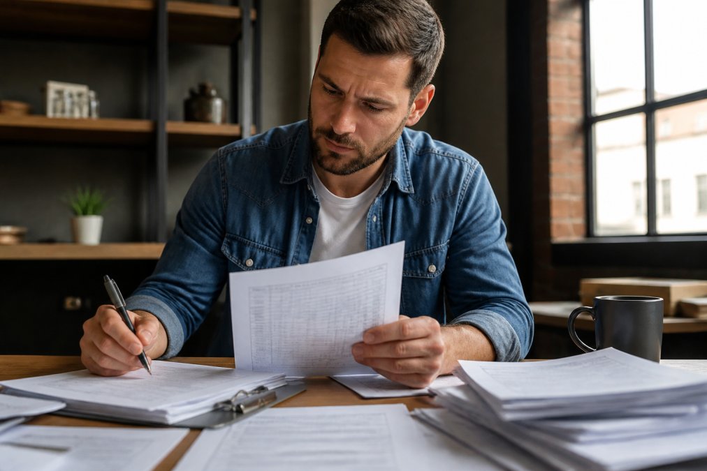 Business owner organizing financial documents, tax returns, and bank statements on a desk while preparing a commercial real estate loan application