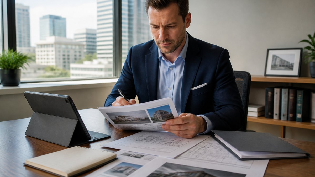 Professional commercial real estate consultant reviewing property documents and market analysis on a desk with tablet, notepad, and building plans in a modern office with natural lighting