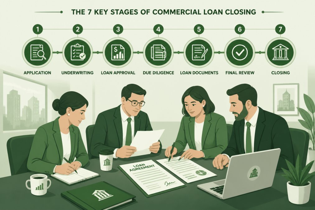 Commercial real estate professionals reviewing loan documents and contracts at a conference table with a laptop and coffee, natural office lighting