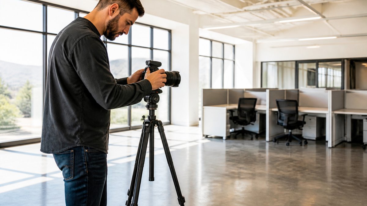 Photographer setting up a camera for commercial real estate photography in a bright, modern office space.