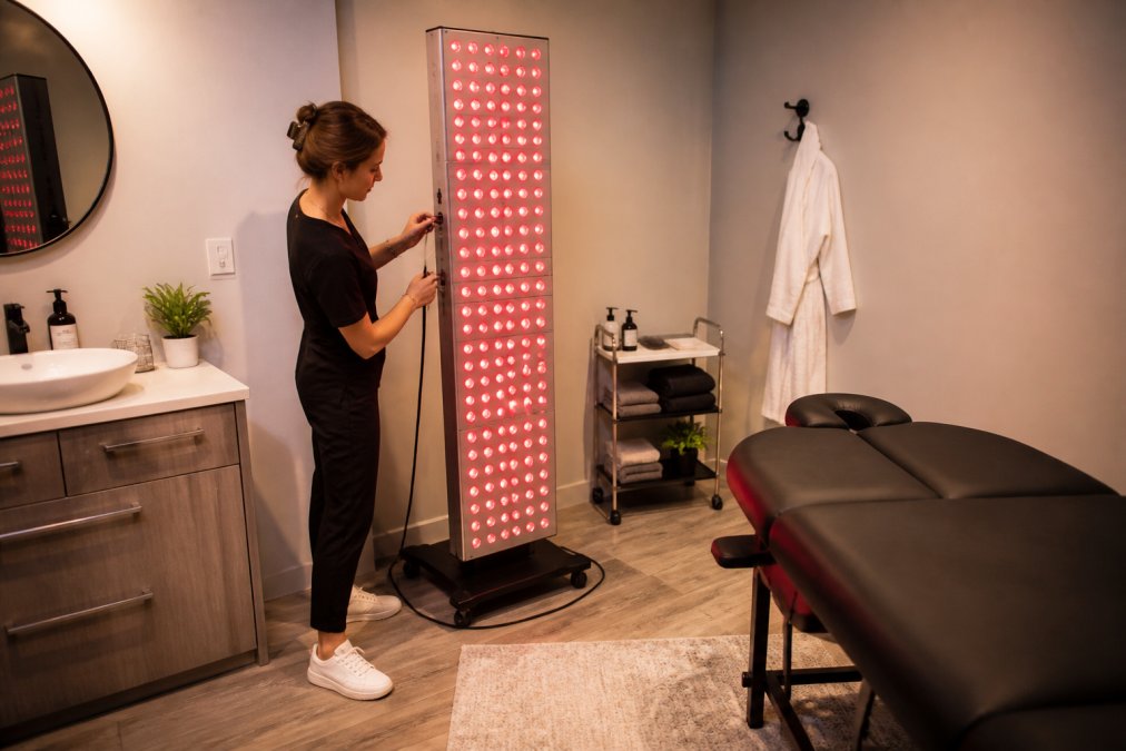 Wellness clinic staff checking cables for a commercial red light therapy panel system in a treatment room