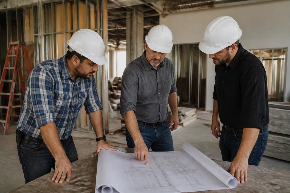 Professional construction team reviewing blueprints and project plans on-site in commercial office space with exposed framing and construction materials visible