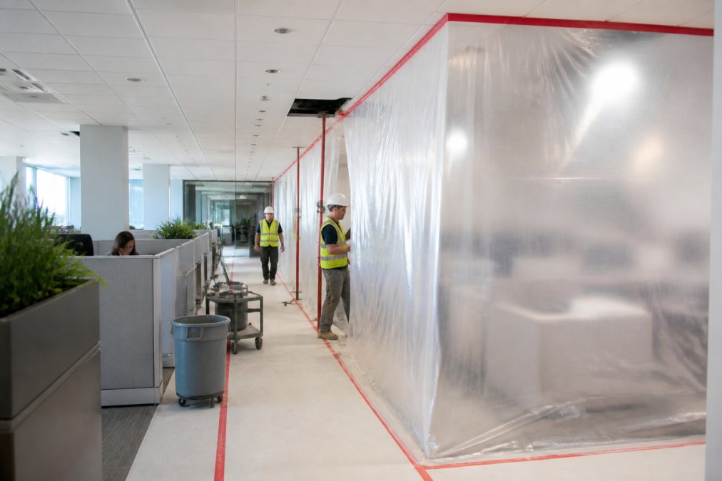 Construction crew working inside an occupied commercial space with temporary walls and protective barriers in place, showing minimal disruption to adjacent work areas