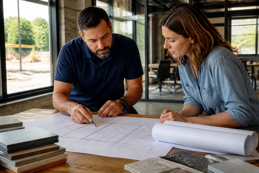 Project manager and business owner reviewing detailed blueprints and construction materials samples together at a modern construction office desk with natural daylight