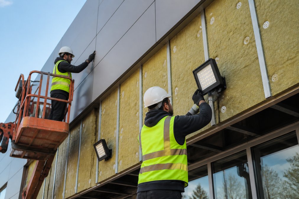 Commercial building exterior with workers installing new LED lighting fixtures and modern insulation materials on the facade, showing sustainable renovation equipment and techniques being applied to the building's envelope