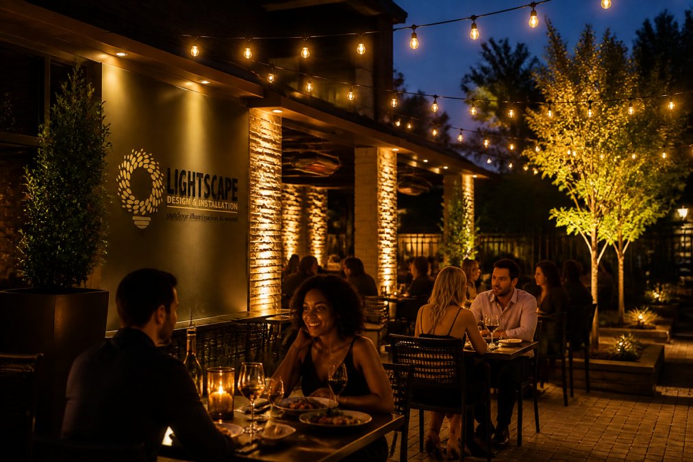 Upscale restaurant patio at dusk with warm amber string lights draped overhead, soft recessed downlights illuminating dining tables, accent uplighting highlighting stone columns and landscaping, guests seated comfortably with visible food and drinks