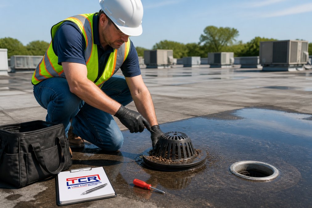 Professional roofing inspector examining a flat commercial roof surface, checking a dome strainer for debris accumulation and standing water around internal drain openings, wearing safety gear on a sunny day