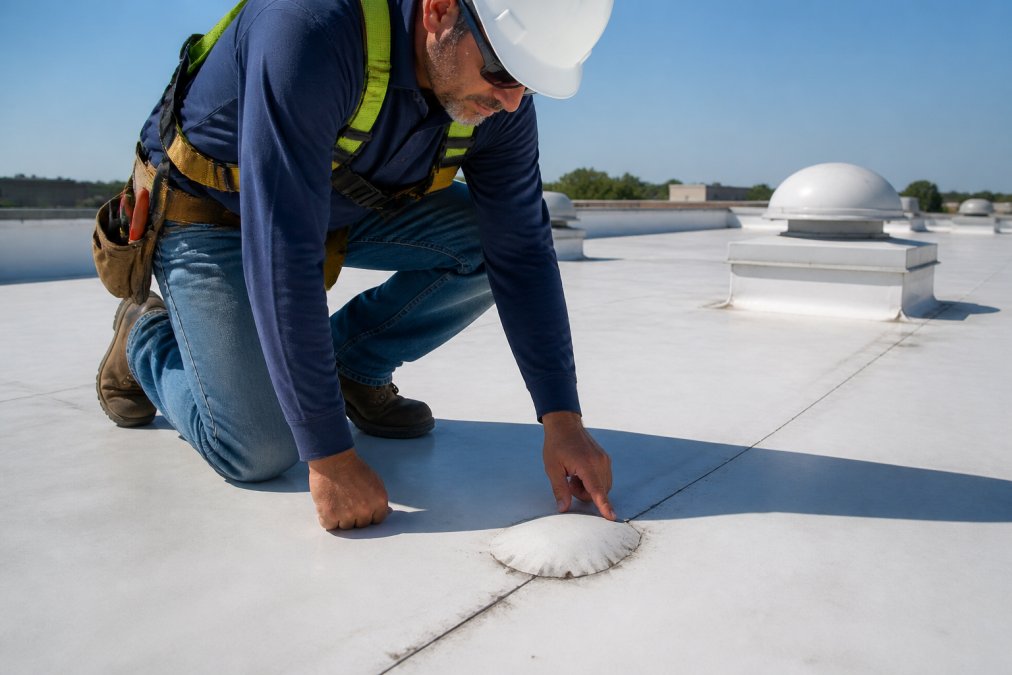 Professional inspector in safety harness and hard hat examining TPO membrane seams and checking for blistering or tears on commercial flat roof during daylight inspection