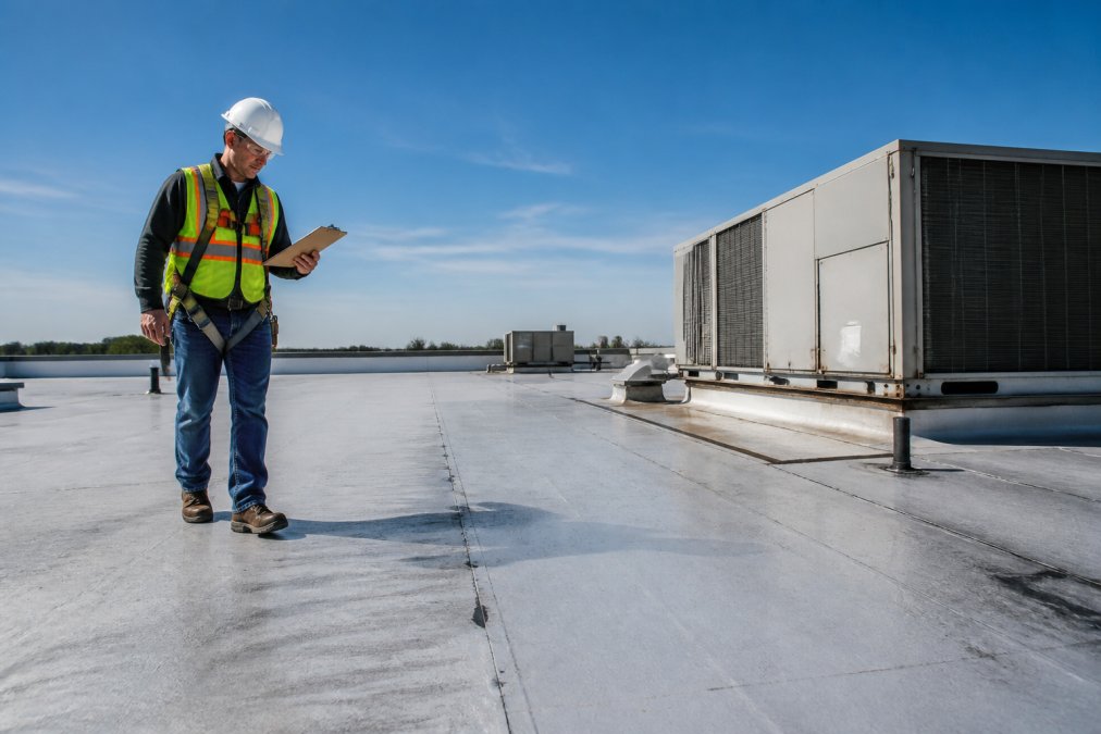 A roofing inspector in safety harness and hard hat walking a large commercial flat roof, clipboard in hand, examining membrane seams near an HVAC unit under clear blue sky