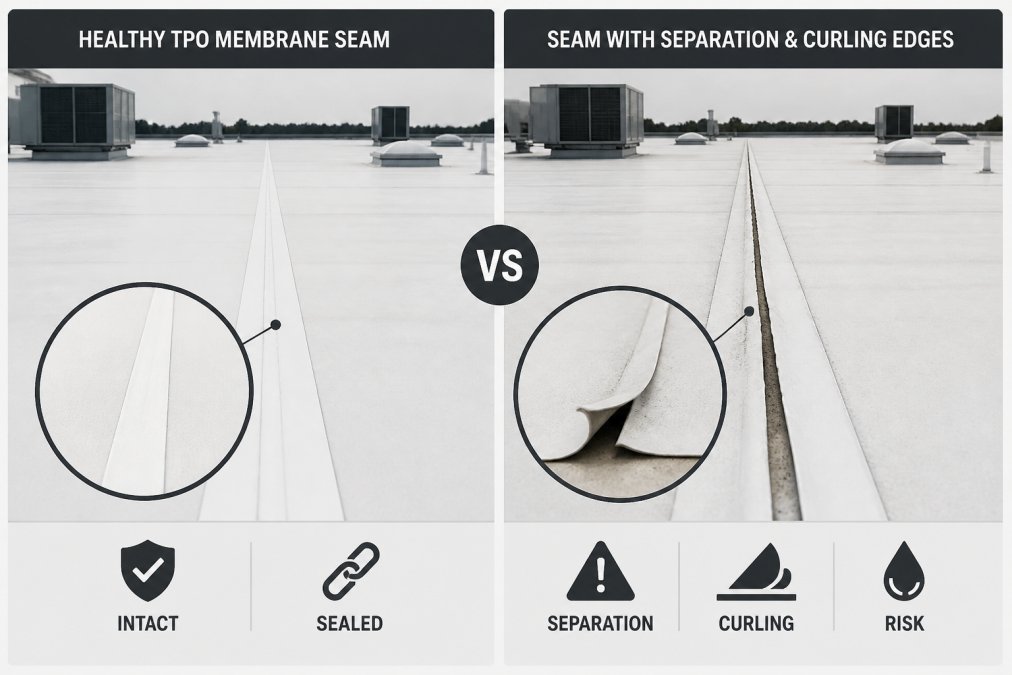 Side-by-side comparison of a healthy TPO membrane seam versus a seam with visible separation and curling edges on a commercial rooftop