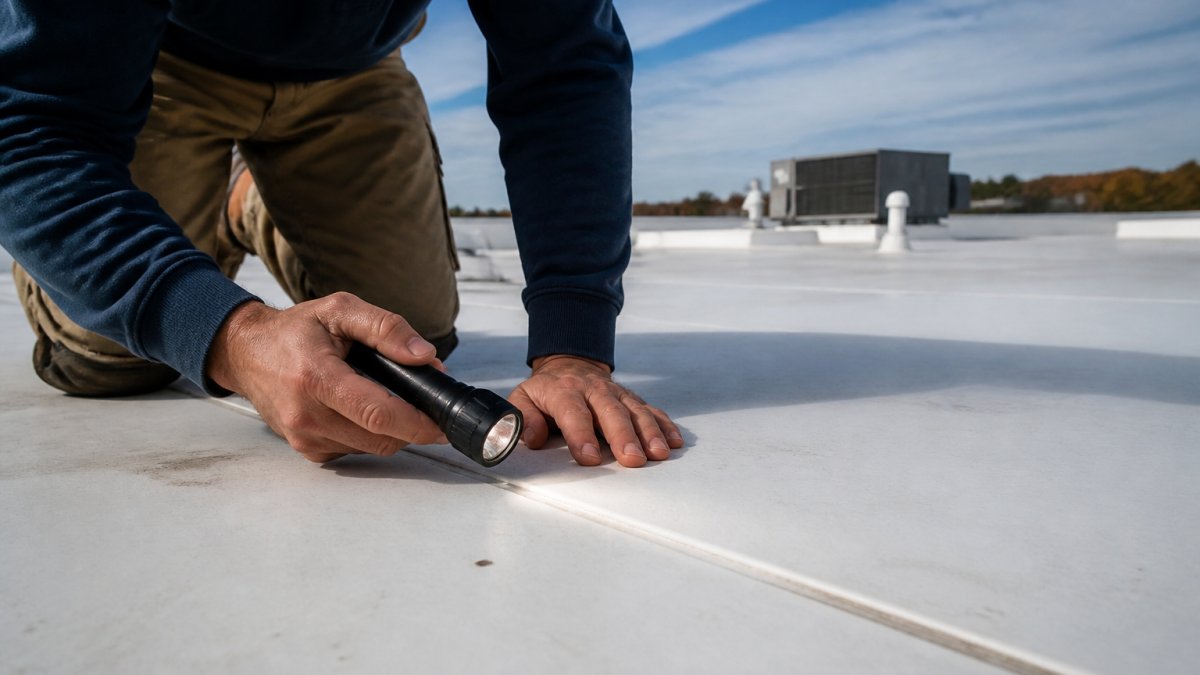 Professional technician's hands examining TPO membrane surface with flashlight, inspecting seams and checking for damage on commercial roof in daylight