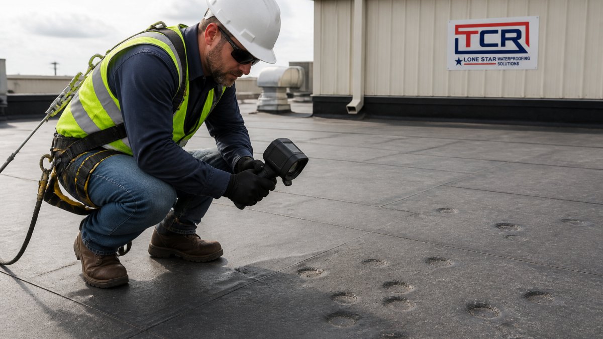 Professional roof inspector in safety harness and reflective vest examining flat commercial roof membrane up close with thermal imaging camera, hail damage visible in background