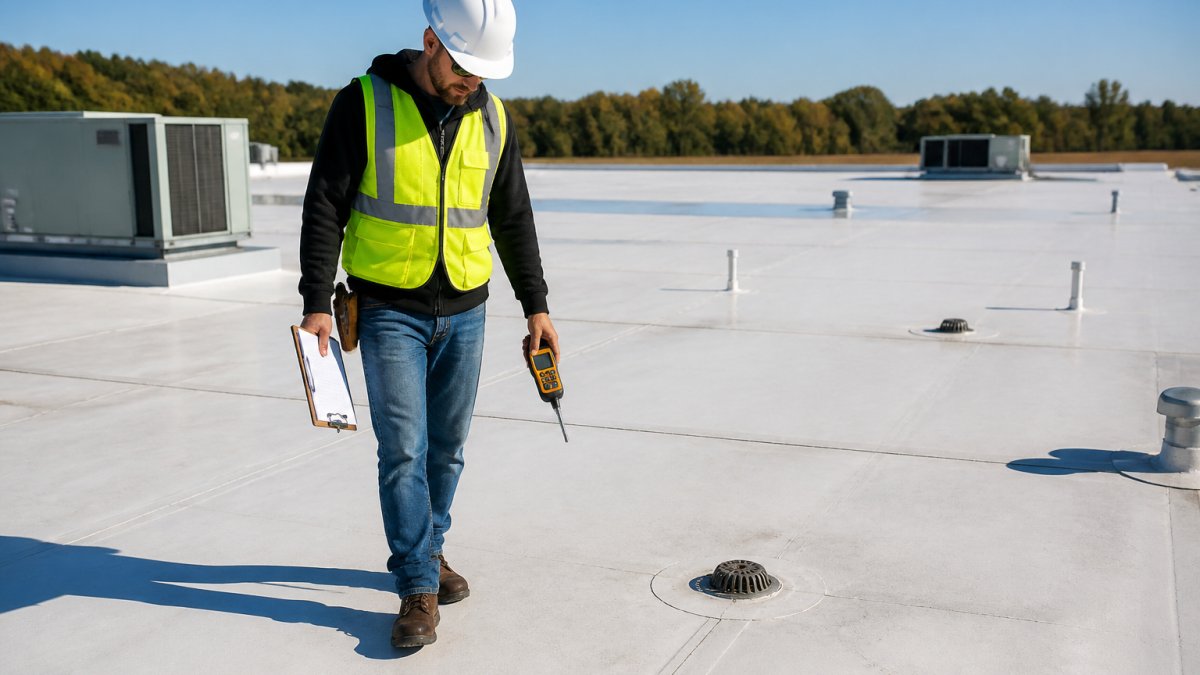 A commercial roofing inspector in safety gear walking a flat membrane roof, holding a clipboard and moisture meter, with HVAC units and drainage points visible in the background under clear daylight