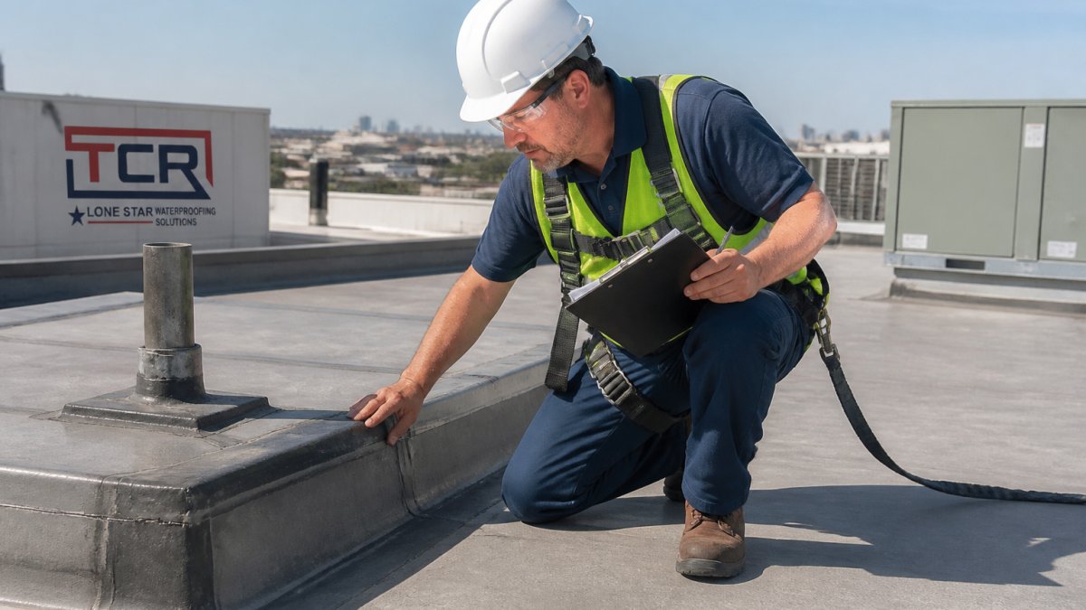 Roofing professional in safety harness conducting detailed visual inspection of commercial flat roof membrane, examining seams, flashing details, and penetrations up close with clipboard