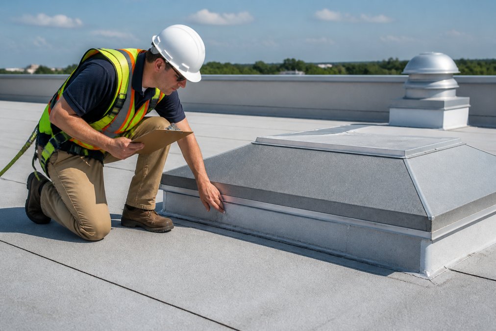 Professional roofing contractor performing detailed inspection on commercial flat roof, examining flashing and drainage systems with clipboard in hand, wearing safety harness and hard hat in bright daylight