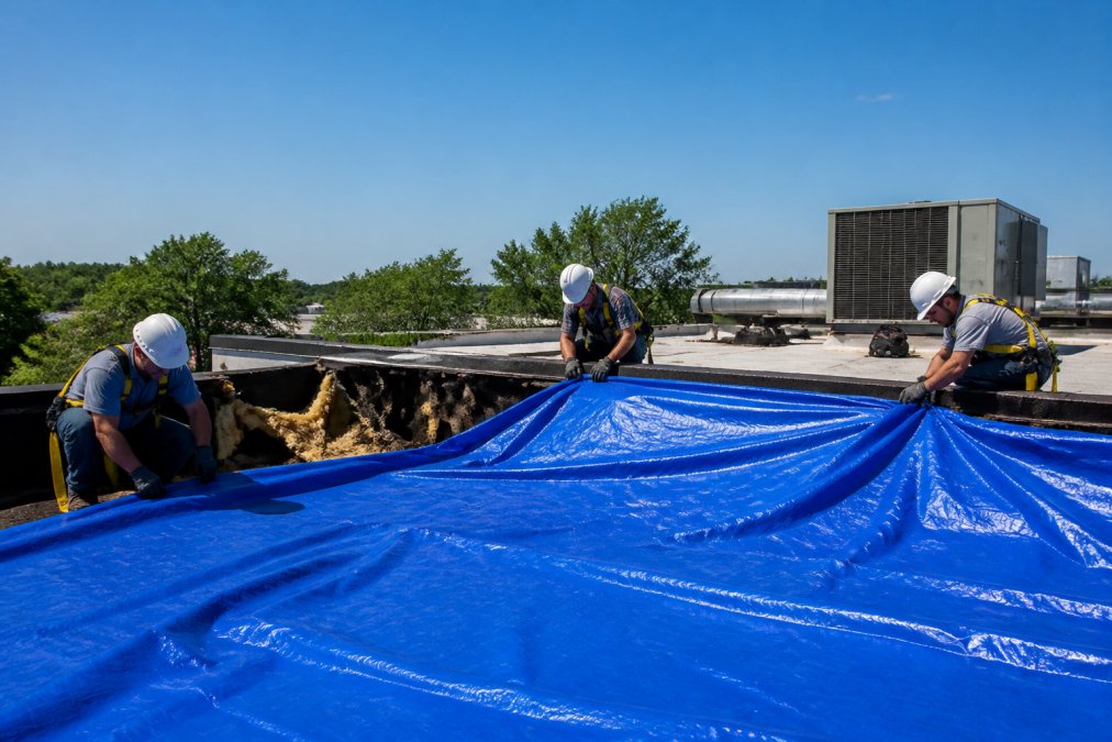 Roofing team working on emergency repairs to commercial roof damaged by severe weather, with safety equipment, tarping visible, and crew members in hard hats securing temporary protection in daylight