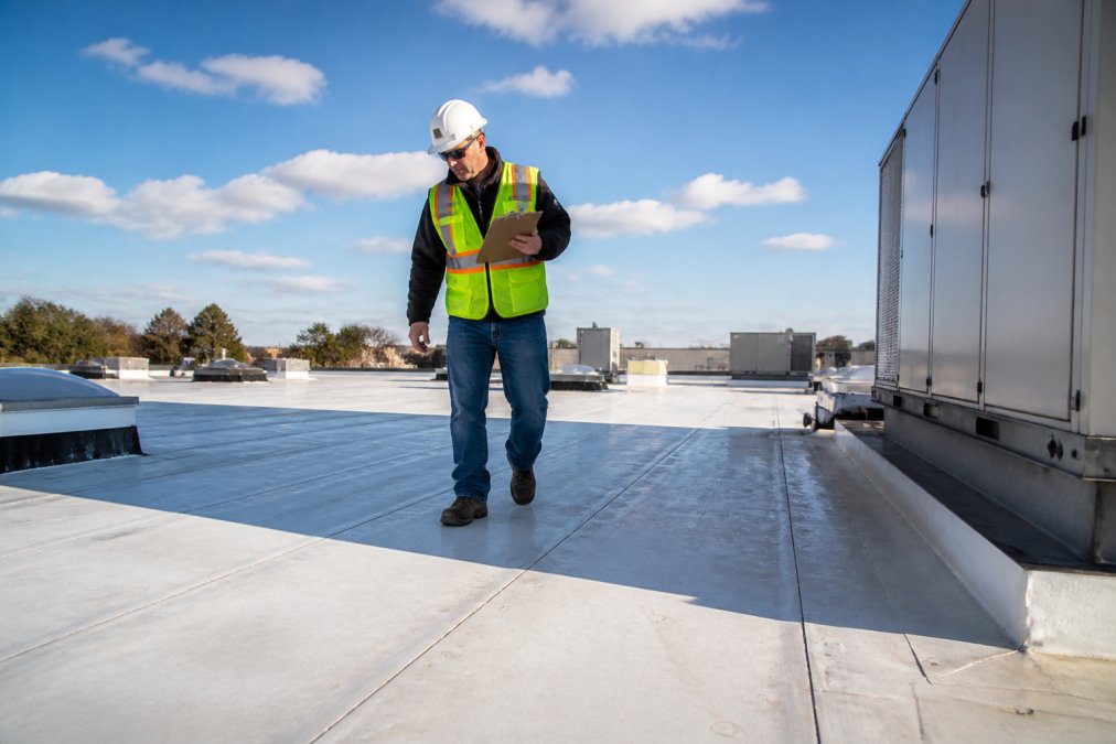 A commercial roofing inspector in safety gear walking a flat TPO membrane roof, holding a clipboard and examining seams near HVAC units on a clear day