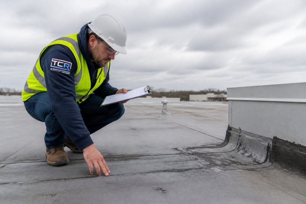 Professional roofing inspector examining commercial flat roof surface with clipboard, checking for membrane damage and wear patterns near flashing, overcast sky