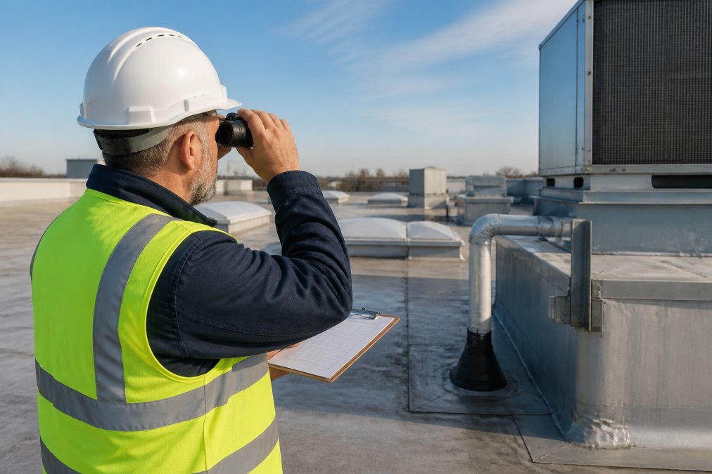 Professional facility manager conducting detailed inspection of commercial flat roof, using binoculars and clipboard to document flashing condition around HVAC penetrations and examining seam integrity on a sunny morning