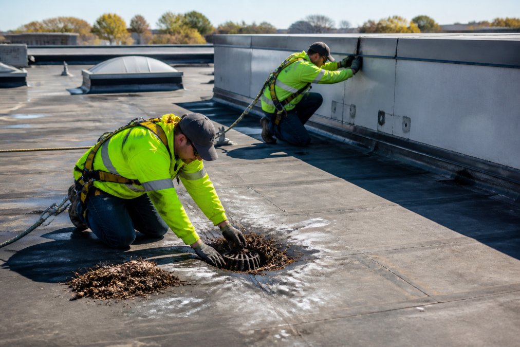 Roofing maintenance crew performing seasonal commercial roof maintenance tasks, clearing debris from roof drains and inspecting flashing details while wearing safety harnesses on a commercial building on a clear afternoon
