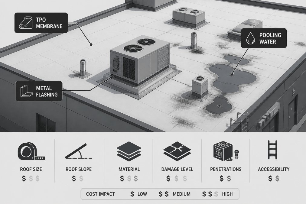 Aerial view of a commercial rooftop showing TPO membrane, metal flashing around HVAC penetrations, and areas of visible wear with pooling water