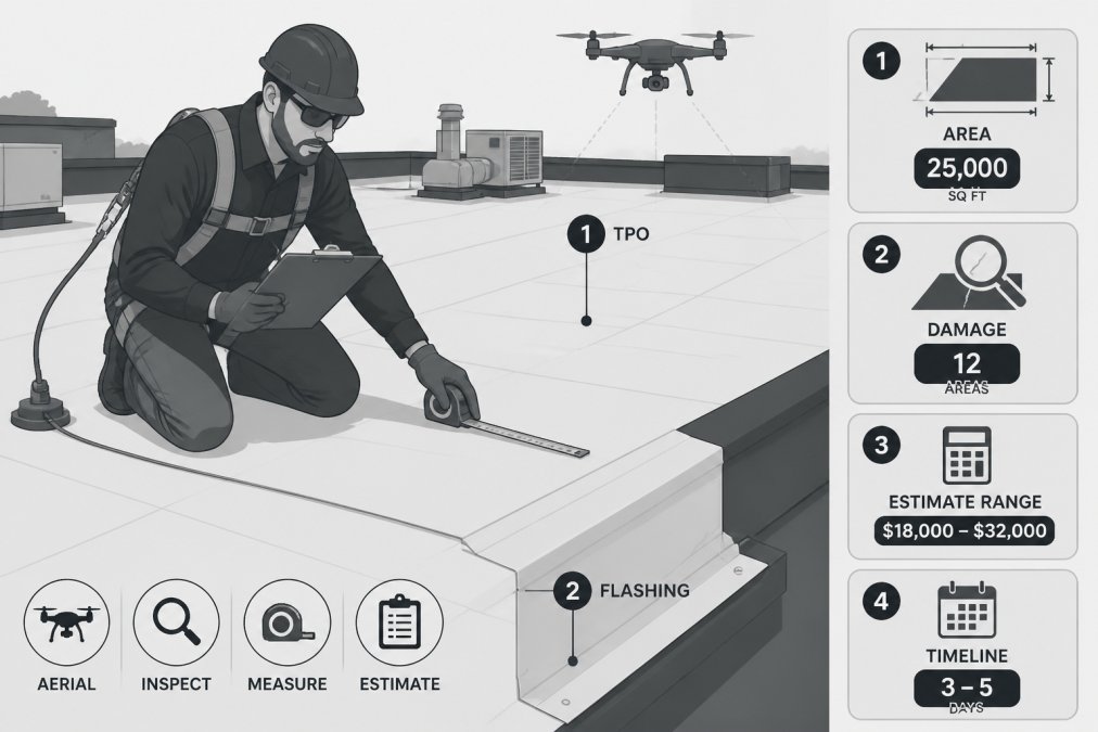 Professional roofing contractor on a commercial roof wearing safety harness, holding clipboard and measuring tape, conducting detailed inspection of TPO membrane and flashing with drone visible in background