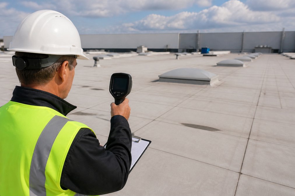 Professional roofing inspector conducting thermal imaging scan on commercial warehouse roof with handheld equipment and clipboard, natural daylight
