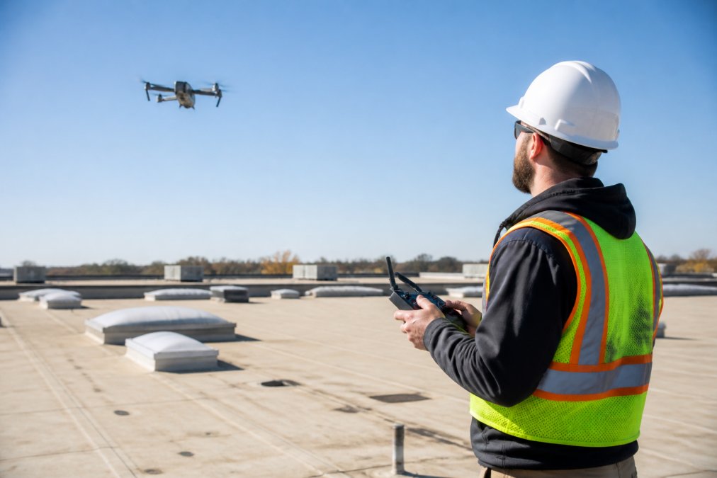 Professional roofing contractor performing detailed inspection of commercial building roof using aerial drone technology, examining membrane condition and structural components in bright daylight