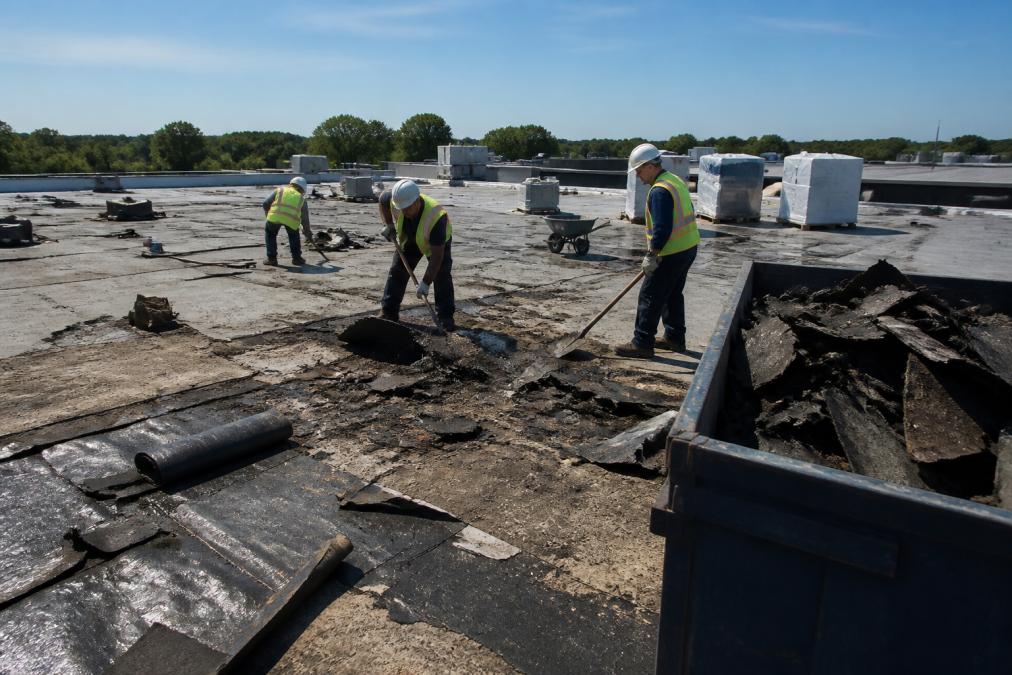 Team of experienced roofers removing old roofing membrane and materials during tear-off phase, with safety equipment visible and organized debris management system on commercial building site