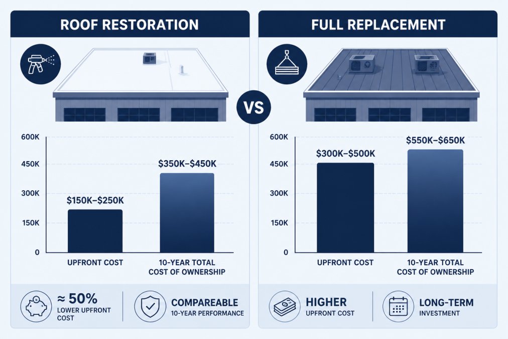 Bar chart comparing upfront and 10-year costs for commercial roof restoration versus a full roof replacement.