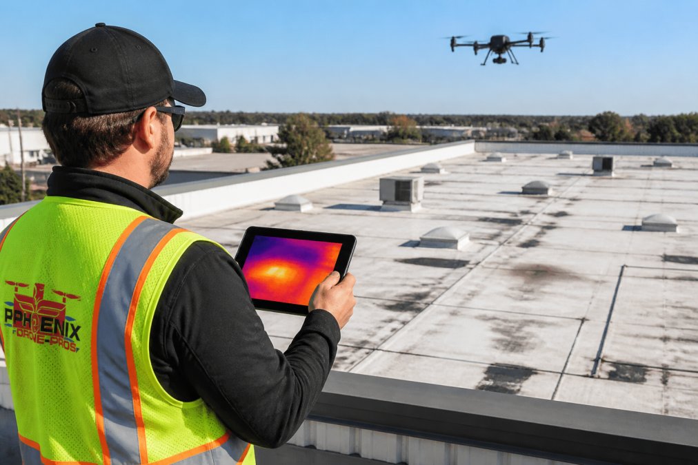 Certified drone pilot performing a thermal inspection on a large commercial flat roof using a tablet display