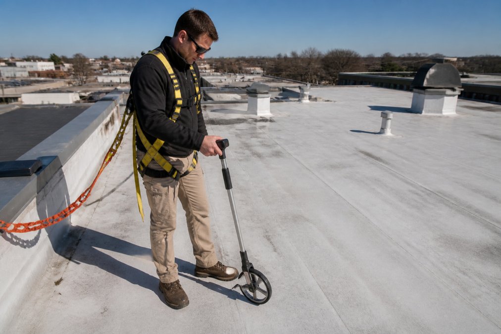 Professional roofing contractor performing aerial inspection of a flat commercial roof, wearing safety harness and using professional measurement equipment on a clear sunny day