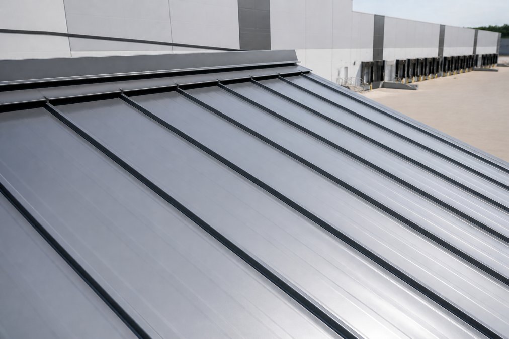 Close-up of standing seam metal roofing panels on a commercial warehouse, showing the seam detail, reflective metallic surface, and professional installation in bright daylight