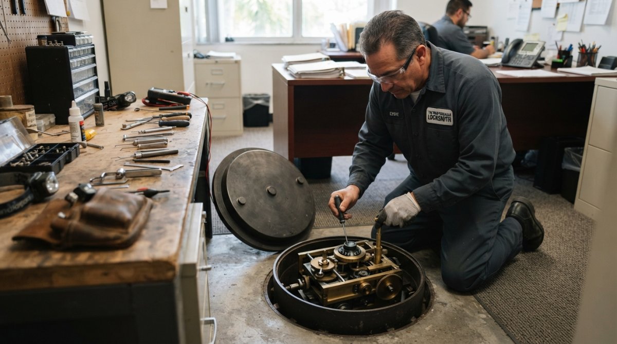 Locksmith technician using tools for commercial safe repair on an open floor safe in a Miami office