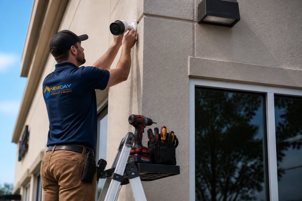 Technician installing a high-definition security camera on the exterior wall of a commercial building, mounting hardware and tools visible on a nearby ladder