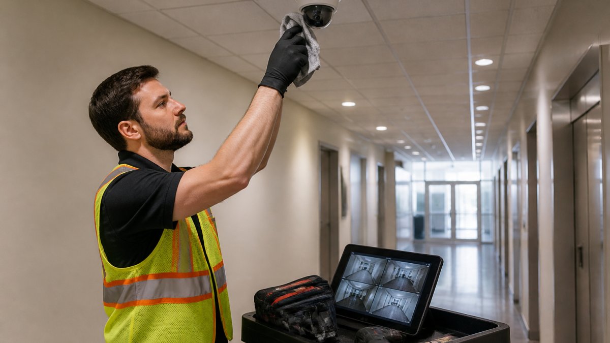 A technician in a safety vest and gloves using a microfiber cloth to clean the lens of a ceiling-mounted security camera in a commercial hallway, with a tablet showing live camera feeds on a nearby cart