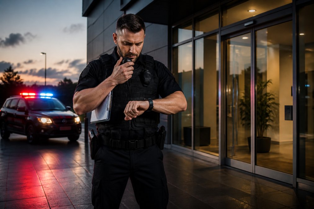 Uniformed security officer in dark tactical vest arriving at commercial building glass entrance at dusk, checking wristwatch and speaking into radio handset, vehicle visible in background with emergency lighting, clipboard and incident log visible under arm