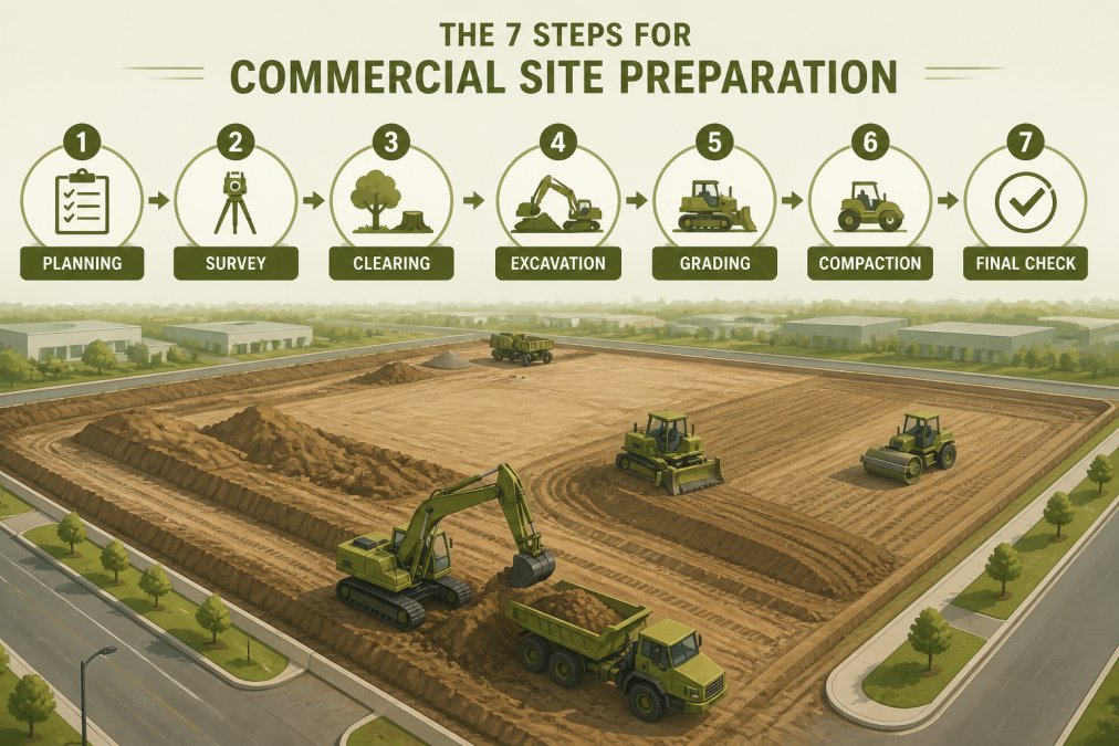 Aerial view of a commercial construction site with excavators performing grading and earthwork, showing the scale of the land development process in Metro Detroit