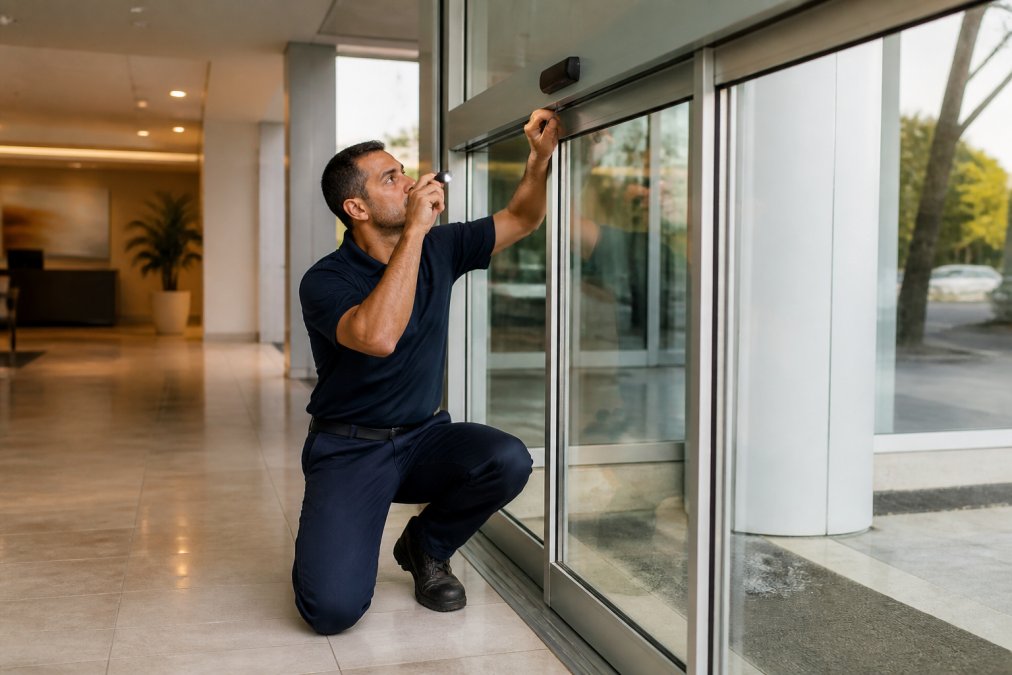 Technician inspecting tracks and rollers for sliding door maintenance in a bright office lobby
