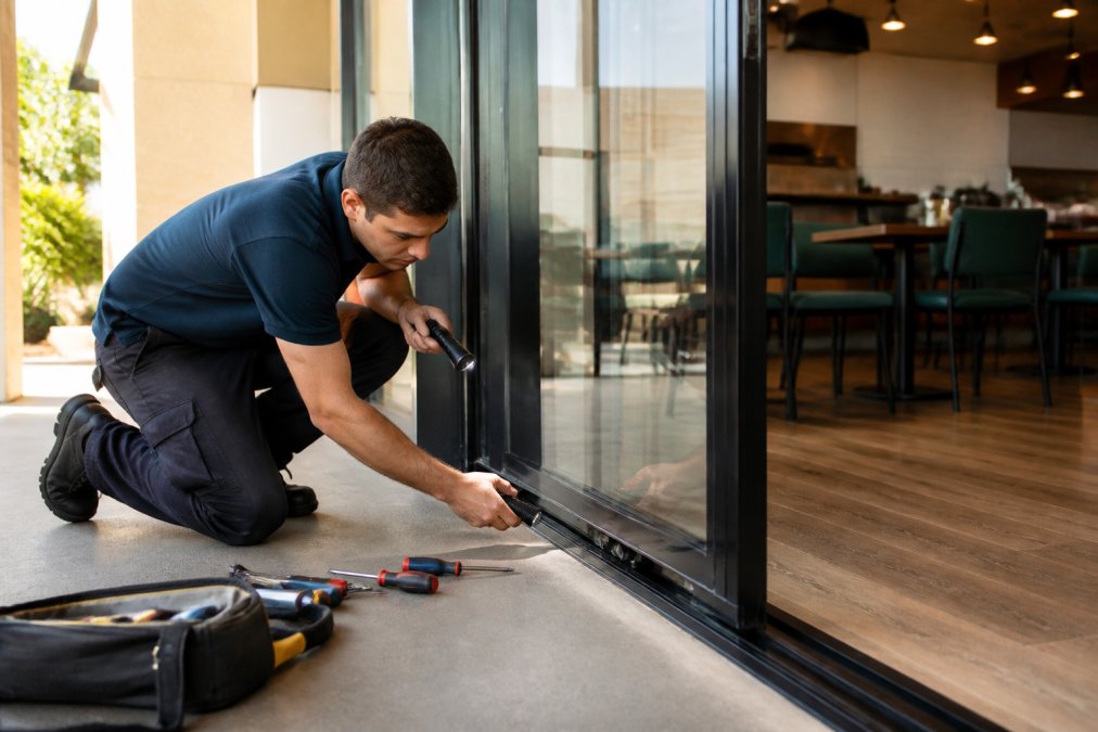 Technician using a flashlight to perform commercial sliding door repair on a storefront track