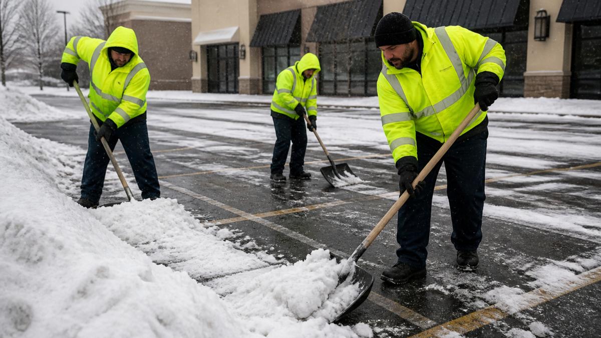 Crew in high-visibility gear practicing commercial snow removal safety with proper shoveling posture