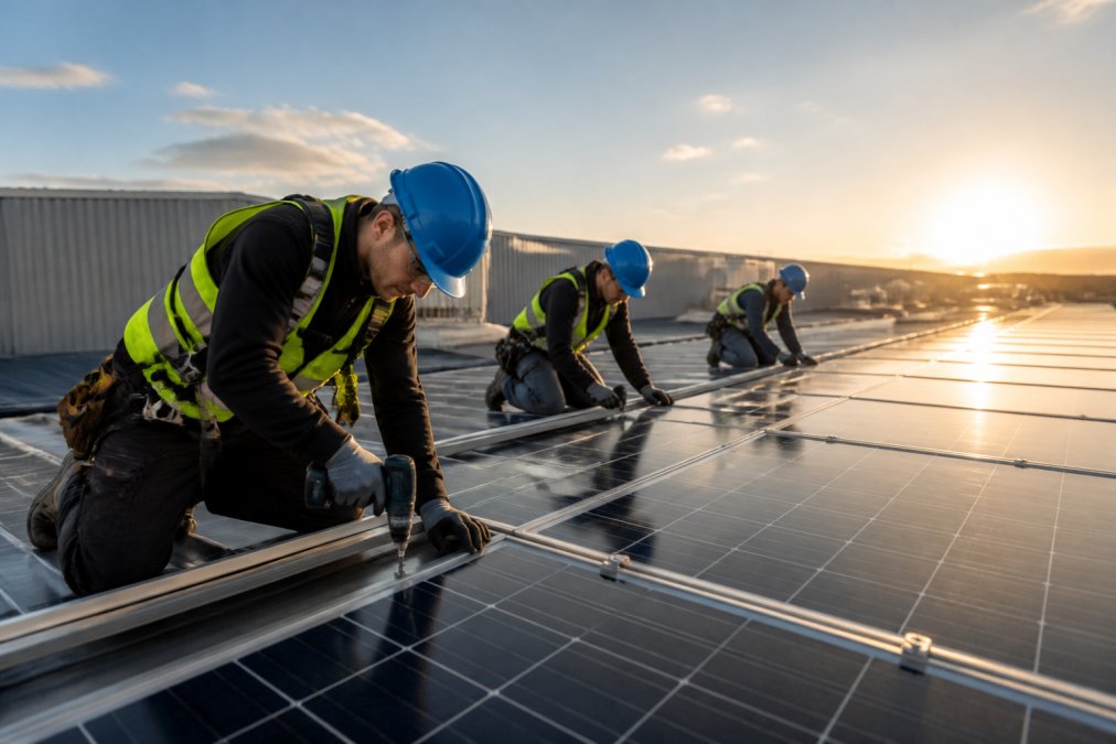 Installation team of three workers on commercial rooftop securing solar panels with power tools, safety harnesses visible, morning sunlight, industrial building setting