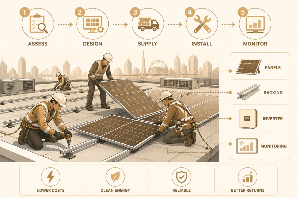 Professional installation team mounting solar panels on a commercial rooftop in Melbourne, showing multiple workers with safety equipment securing photovoltaic panels to a flat commercial roof structure