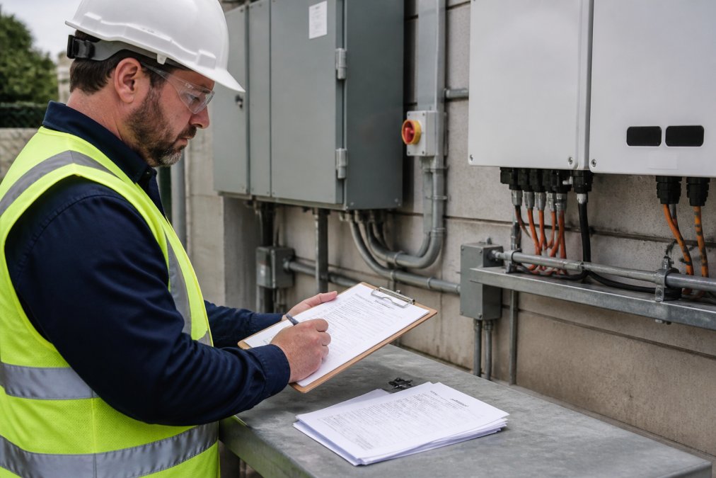 Close-up of an electrical inspector examining inverter technology and grid connection equipment on a commercial solar installation, with paperwork and compliance documents visible on a workbench