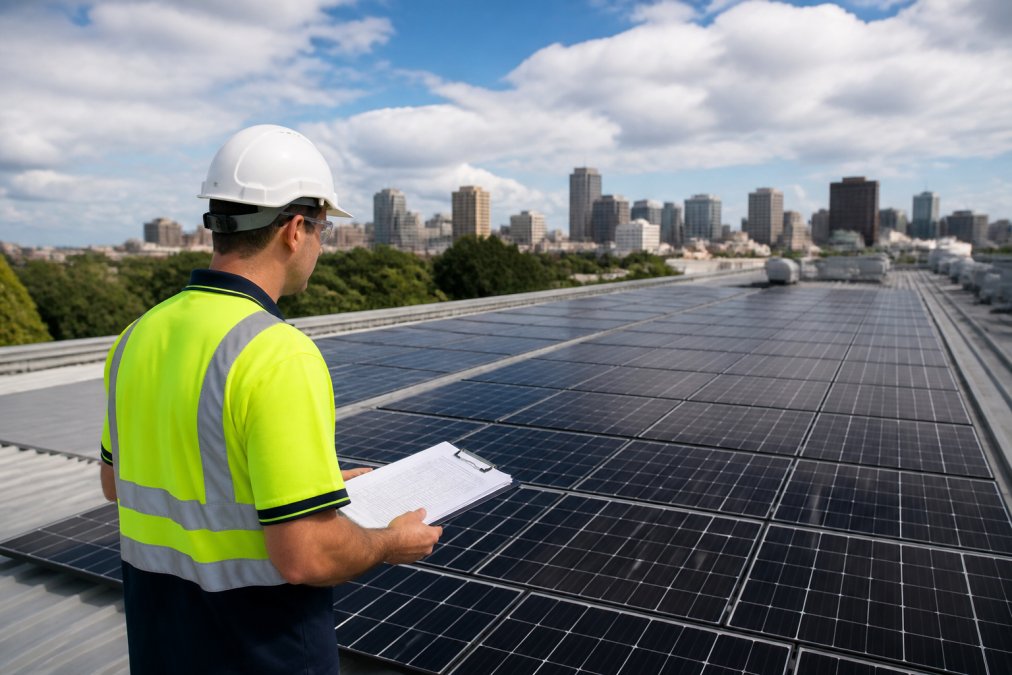 Solar installer inspecting a commercial solar design on a rooftop with a city skyline in the background