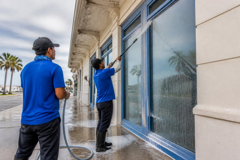 Professional crew performing storefront cleaning by rinsing salt residue from a coastal building facade.